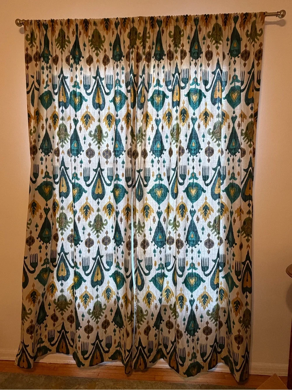 2 World Market Ikat curtain panels 46x90 + tiebacks